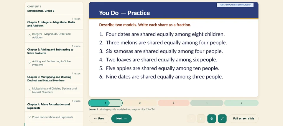 RISE Learn’s mathematics player with a speaker control beside the slide navigation, pen and presentation controls.