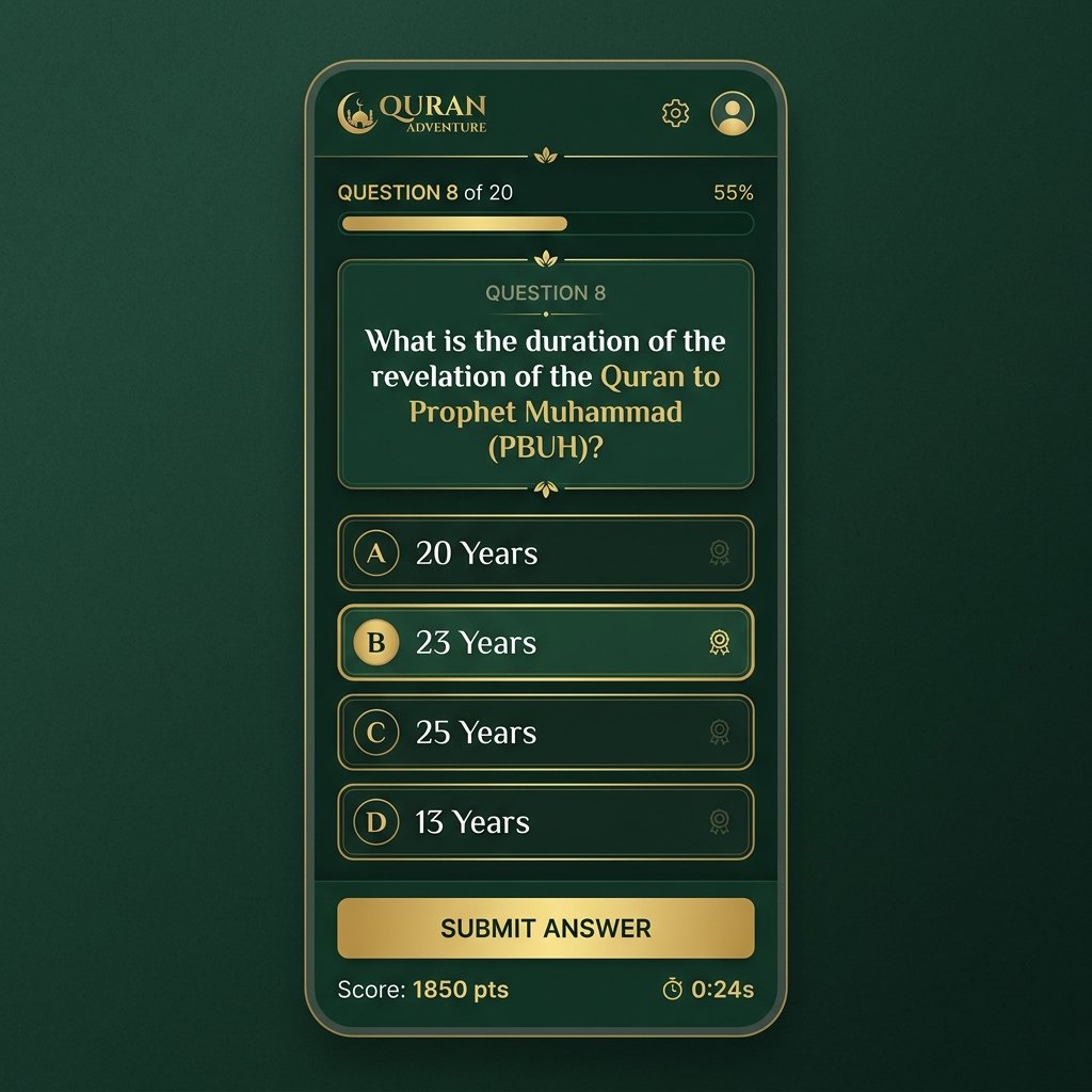 Quran Adventure educational app shown on a phone screen