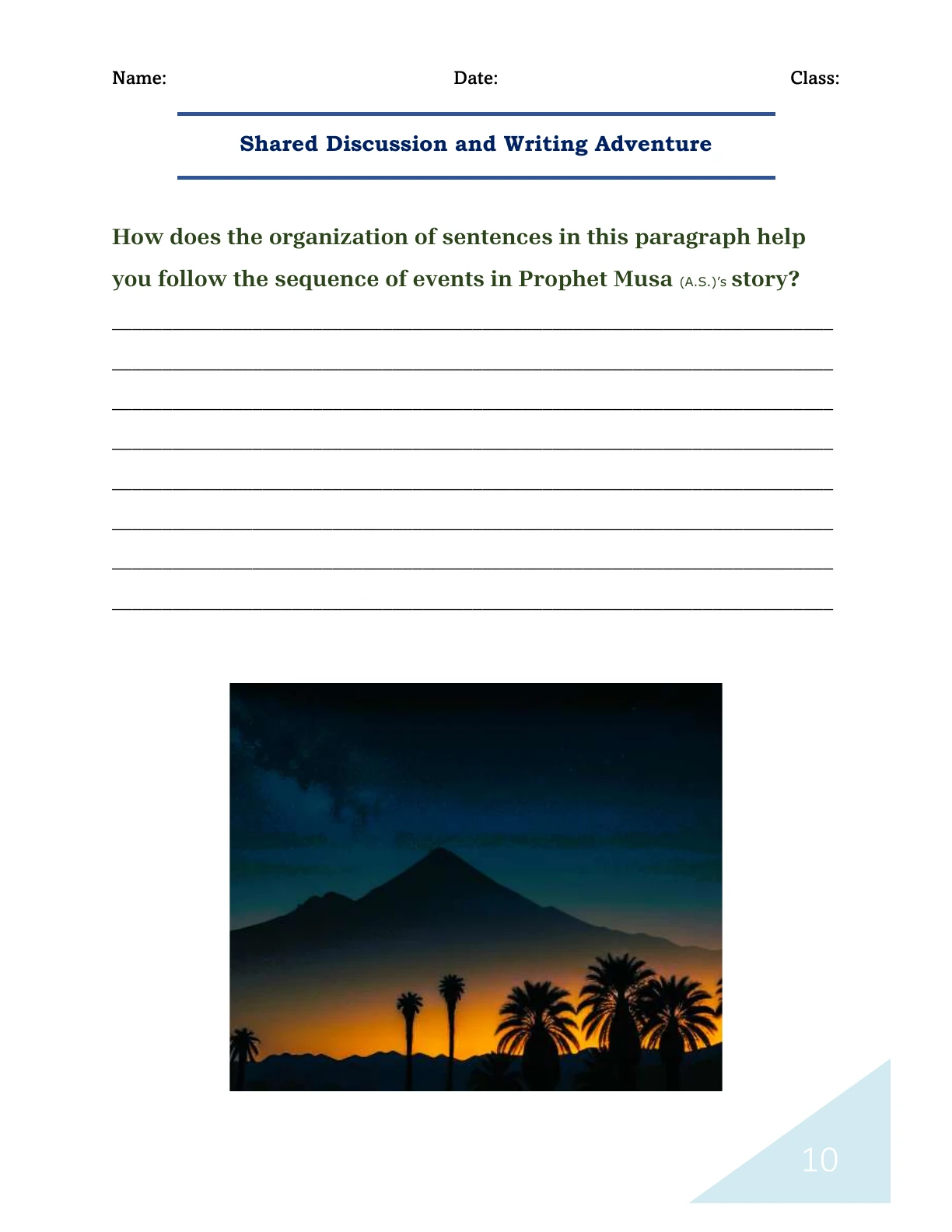 Published Book 1 page 10: a question about how sentence organization helps readers follow Prophet Musa’s story, with space for a written response.