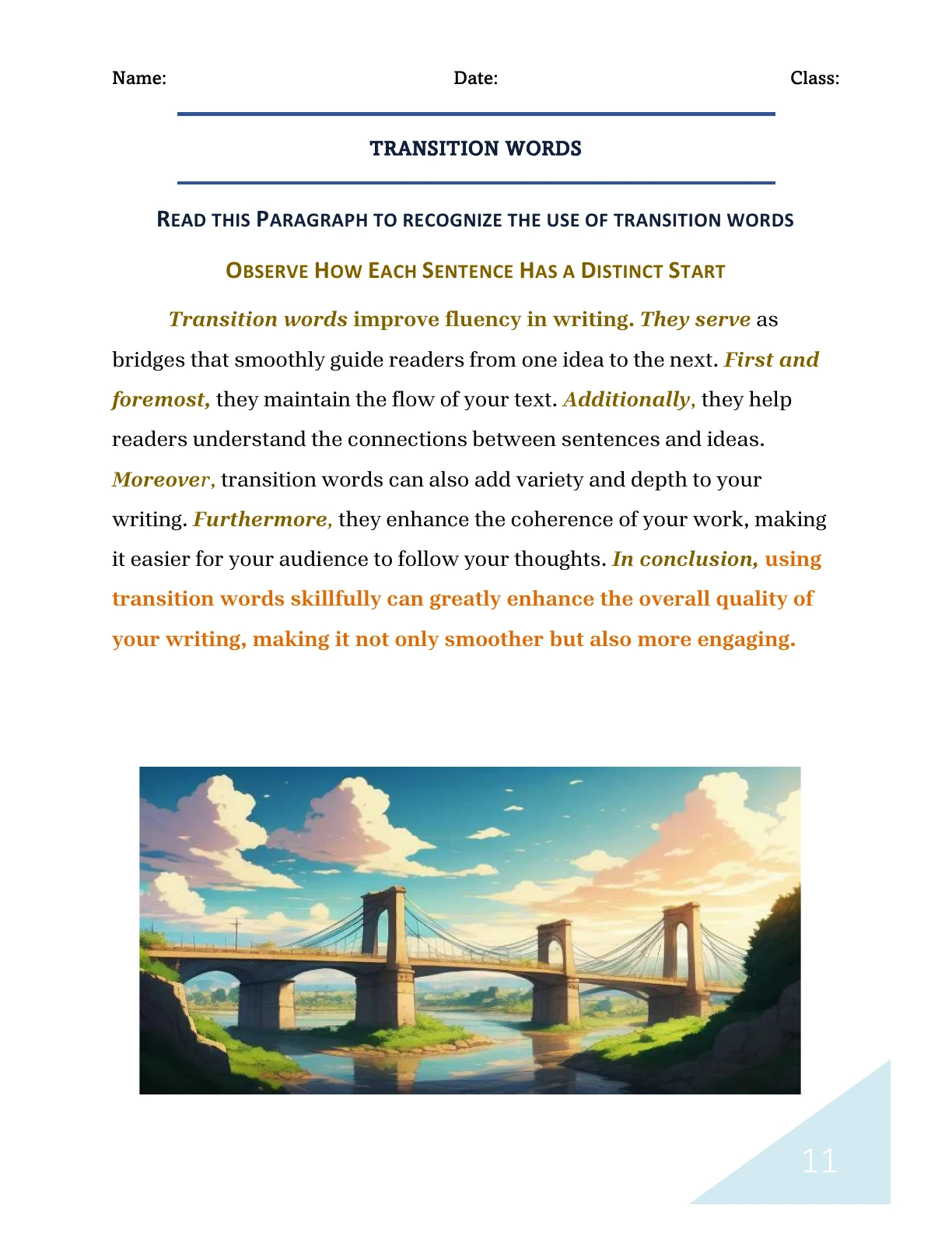 Published Book 1 page 11: a model paragraph explaining how transition words connect ideas, with examples highlighted.