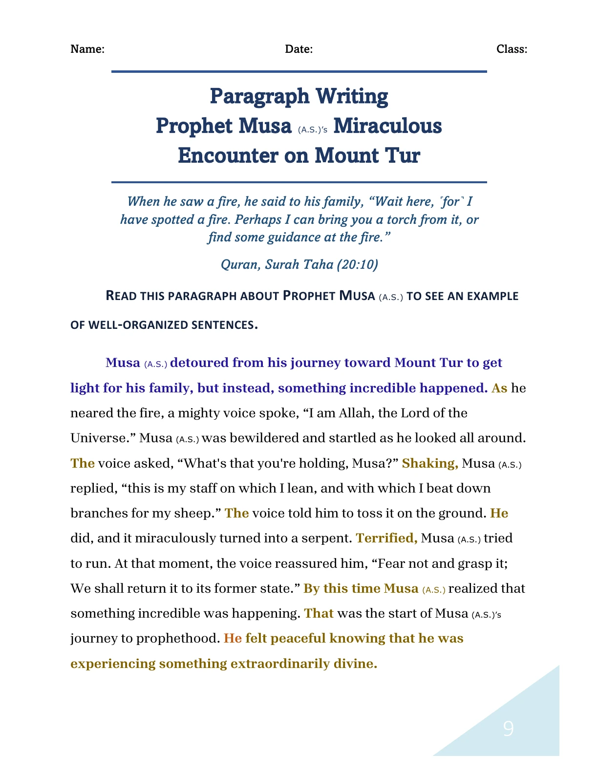 Published Book 1 page 9: a model paragraph about Prophet Musa’s encounter on Mount Tur, with sentence beginnings highlighted.